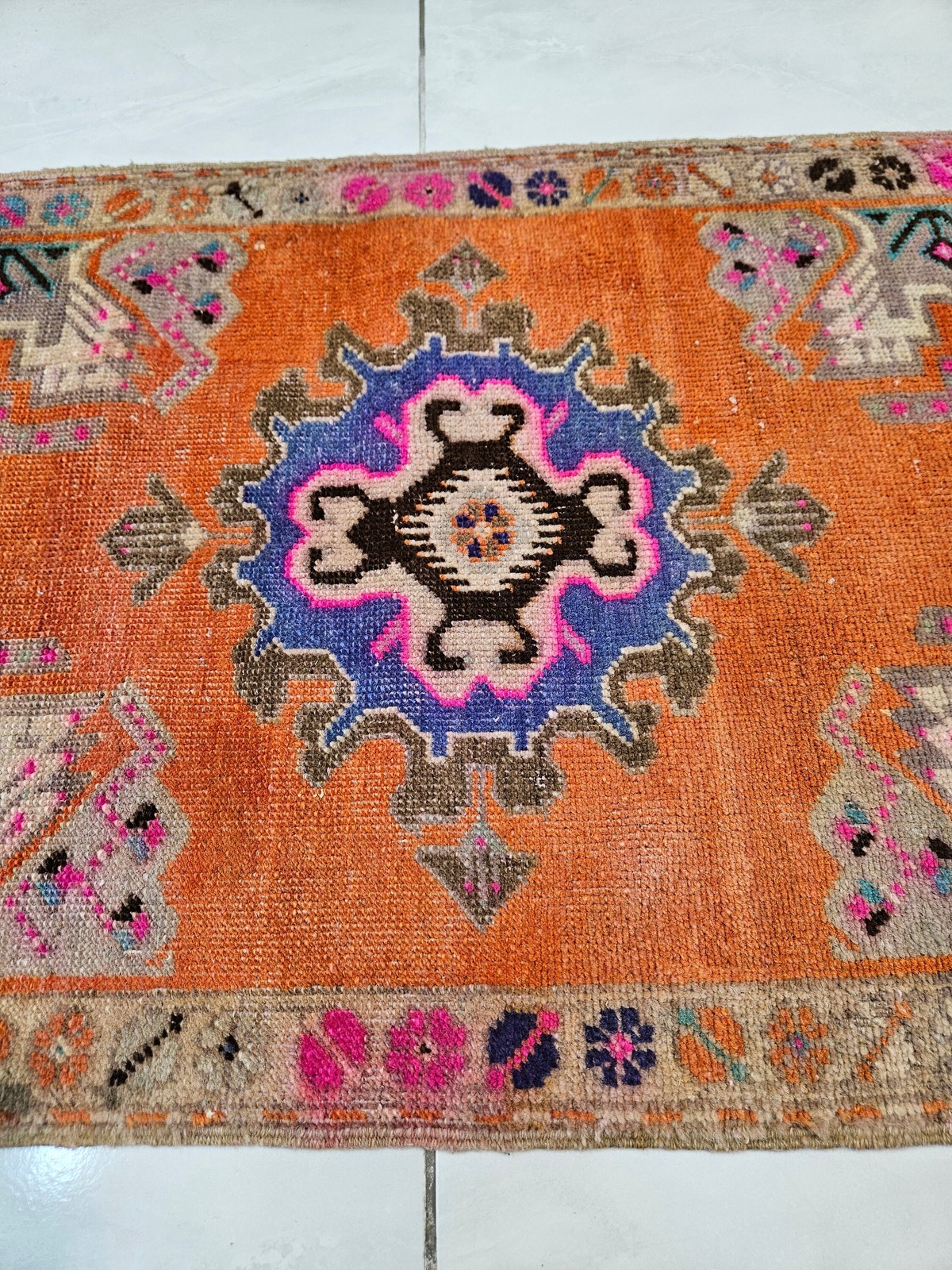 Orange Turkish Rug, Small Vintage Wool Rug 1.9×3.7 ft