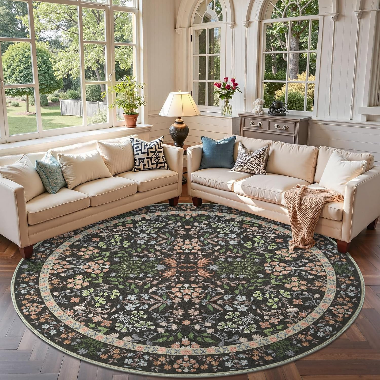 Vintage Floral 7′ Round Non-Slip Area Rug – Elegant Black for Home & Office