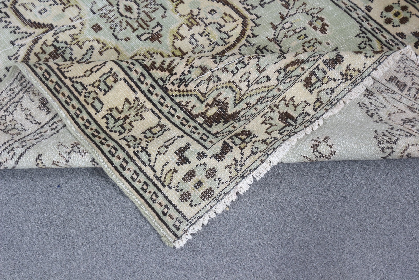 5,8×9 ft Vintage Rug, Turkish Large Rug, Green Brown Bordered Wool Rug