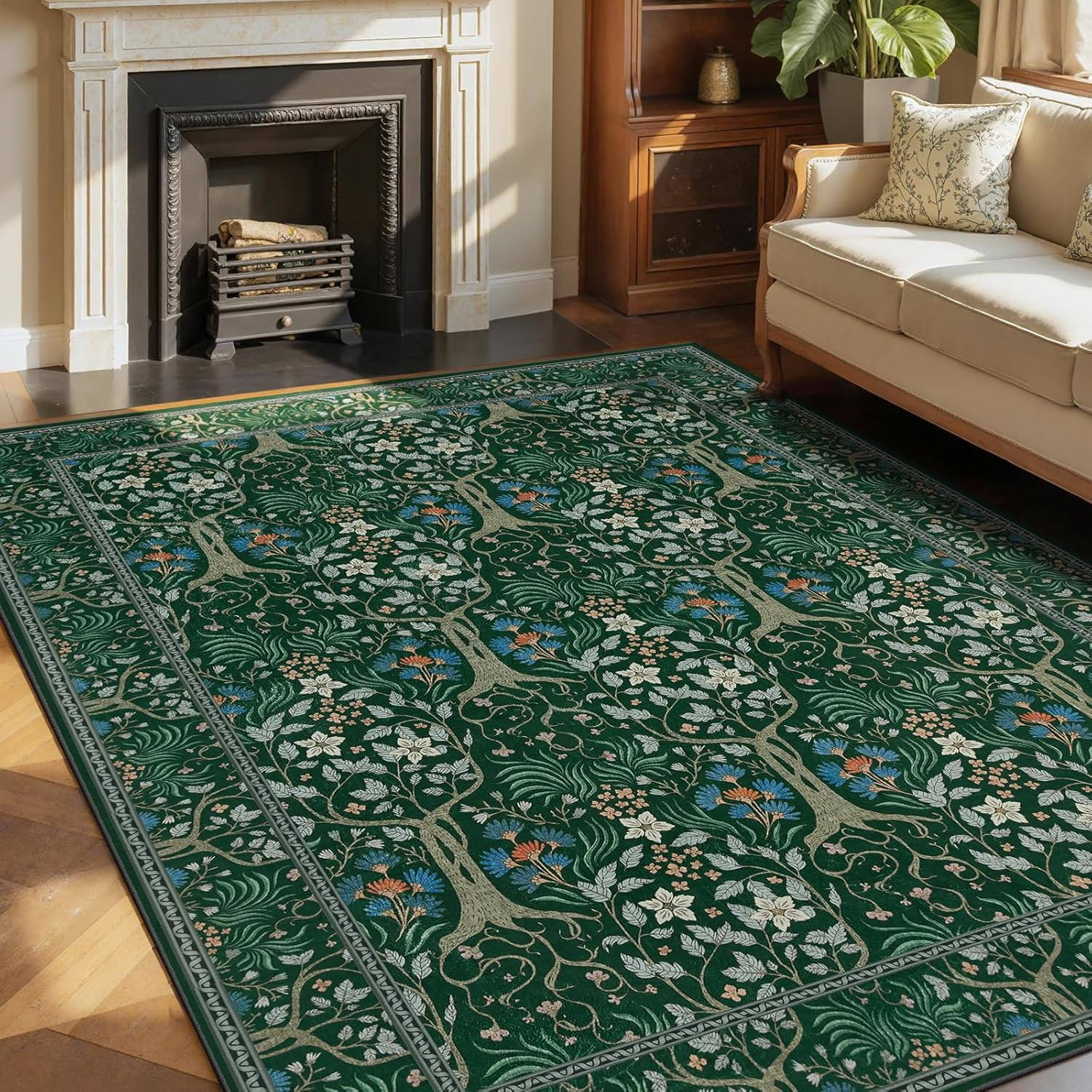 Boho Dark Green Area Rug 8×10 – Washable Non-Slip Floral Carpet for Home