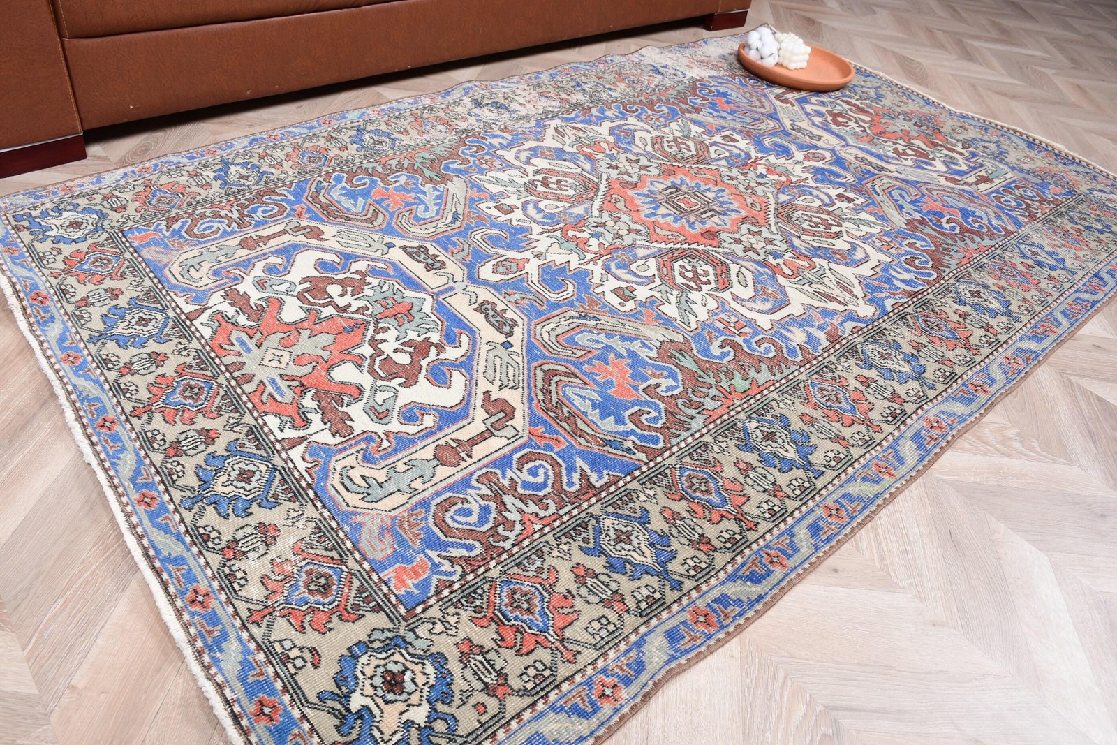 Turkish Area Rug, 4,2×6,8 ft Vintage Rug, Blue Handmade Wool Rug