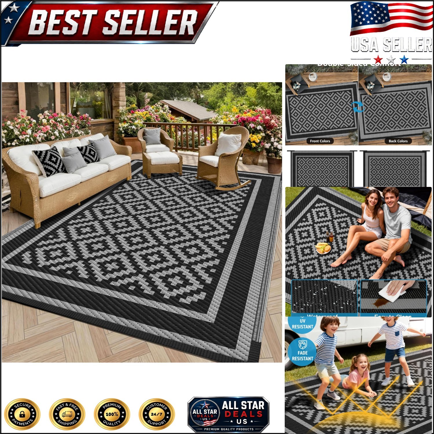 Elegant 8′ x 10′ Reversible Outdoor Mat – Non-Slip Waterproof Design for Patios