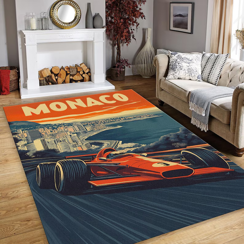 Luxury Red Sports Car Rug, Retro Vintage Style Carpet, Classic Auto Print Home