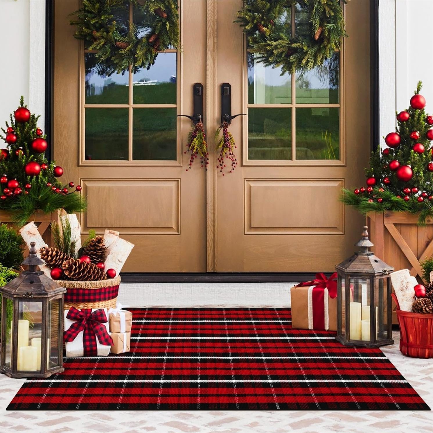 Christmas Outdoor Rugs 24 X 51”Black Red Buffalo Plaid Front Porch Rug Hand-Wov
