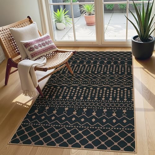 Moroccan Easy Jute Entryway Rug, 3×5 Black and White Rug for Living Room, Non