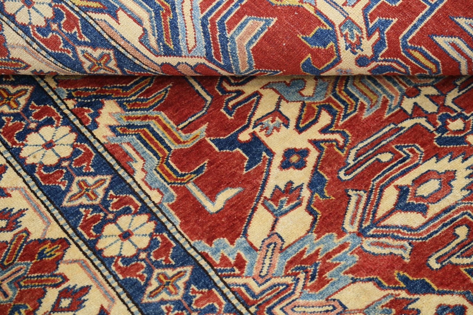 8×10.6 ft Hand Knotted Tribal Rug in Red, Ivory and Blue. Traditional Carpet