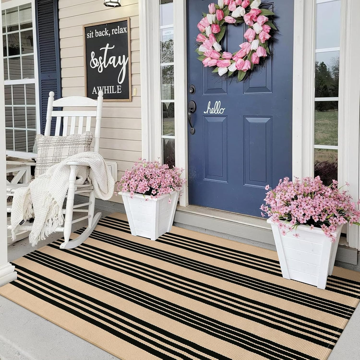 Black and Khaki Striped Rugs 3X5, Outdoor Cotton Hand Woven Front Door Mat,Washa