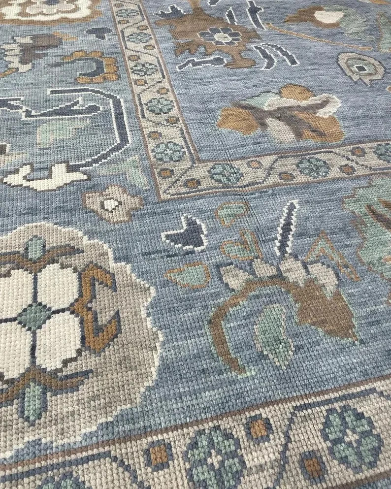 Hand Knotted Oushak Wool Rug Light Blue Beige Brown Floral Room Size