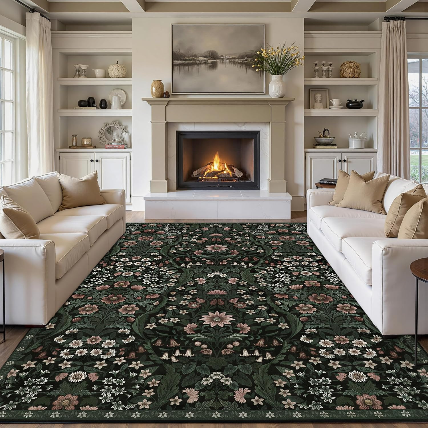 8X10 Black Washable Area Rug Large, Non-Slip Foldable Boho Floral Vintage Carpet