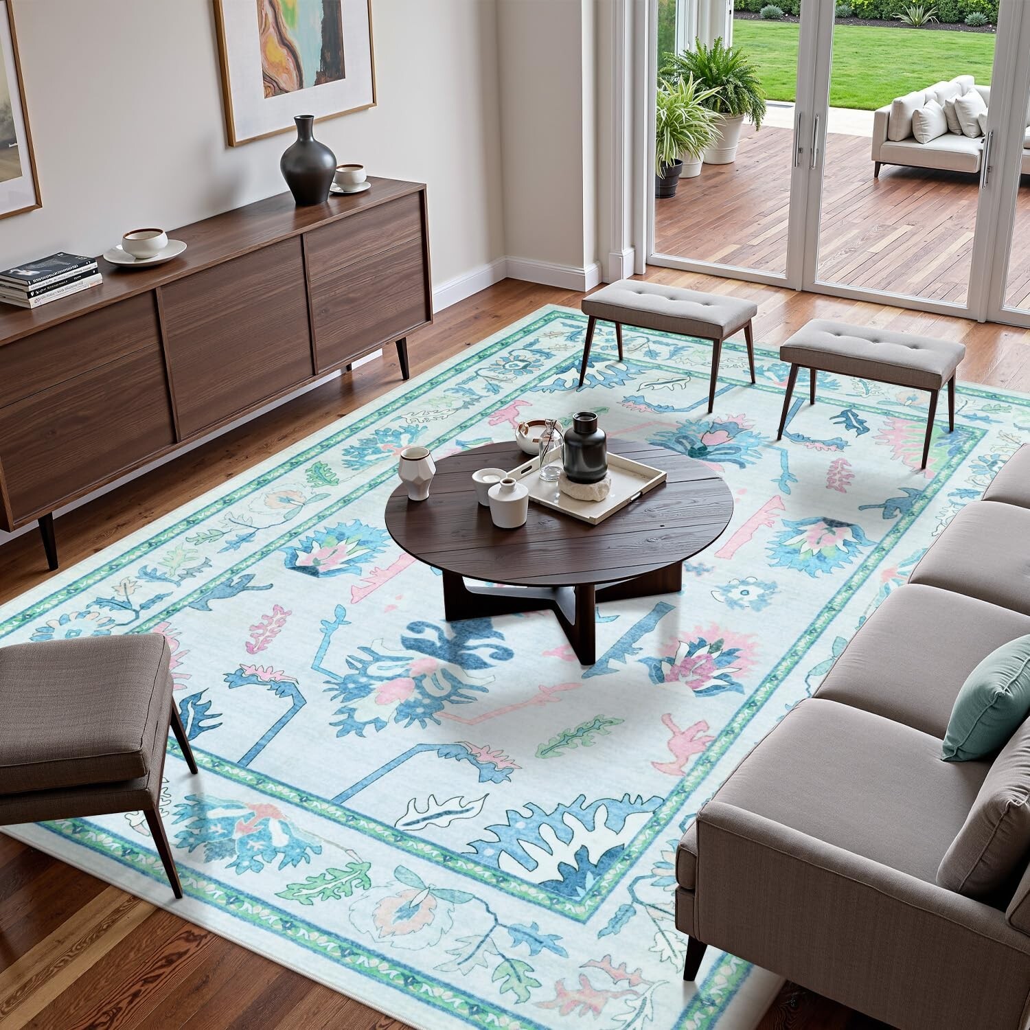 Uphome Living Room Rug 8×10 Rug, Teal Oushak Washable Rugs for Bedroom Aesthe…