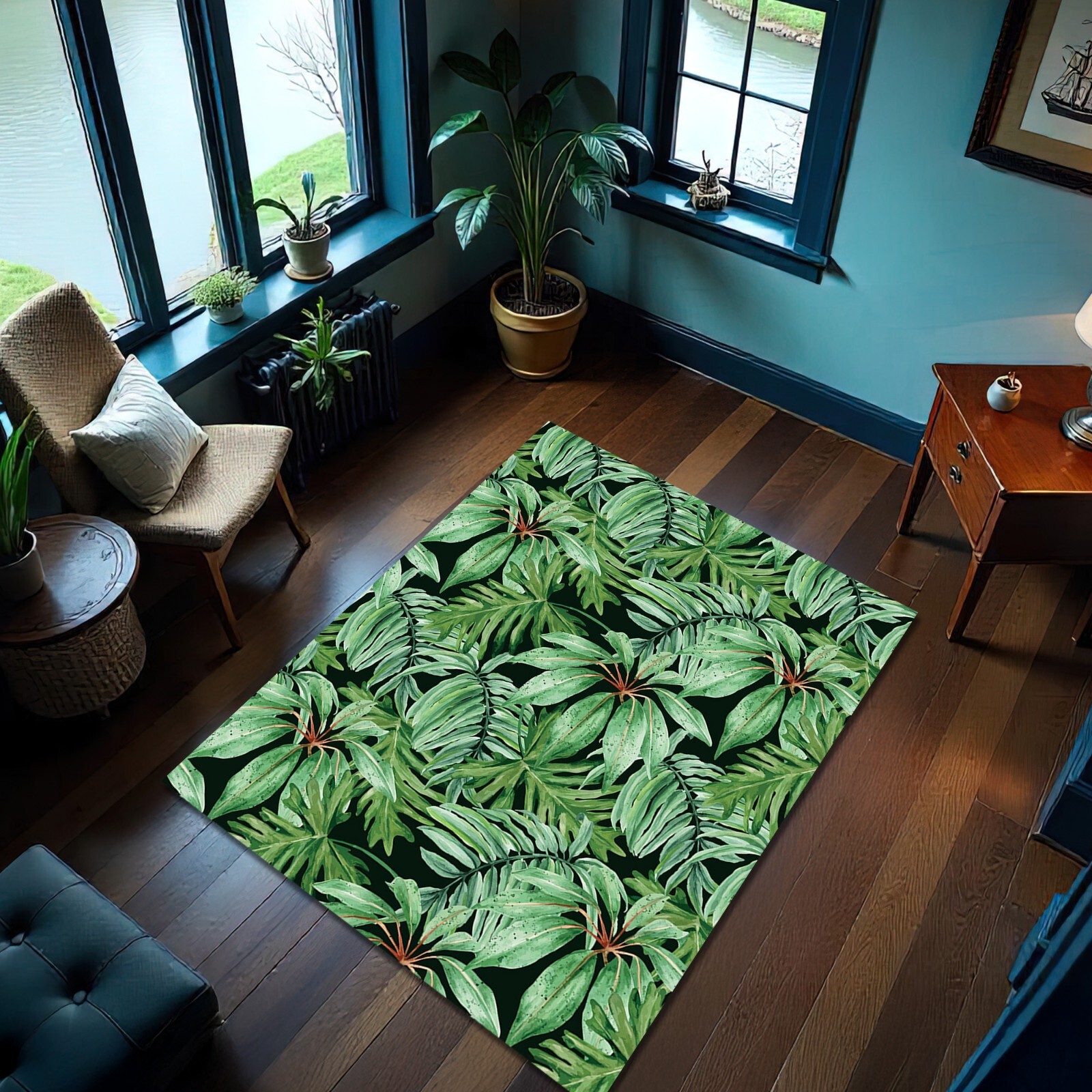 Green Exotic Leaves Rug Tropic Jungle Carpet Hawaiian Décor Mat