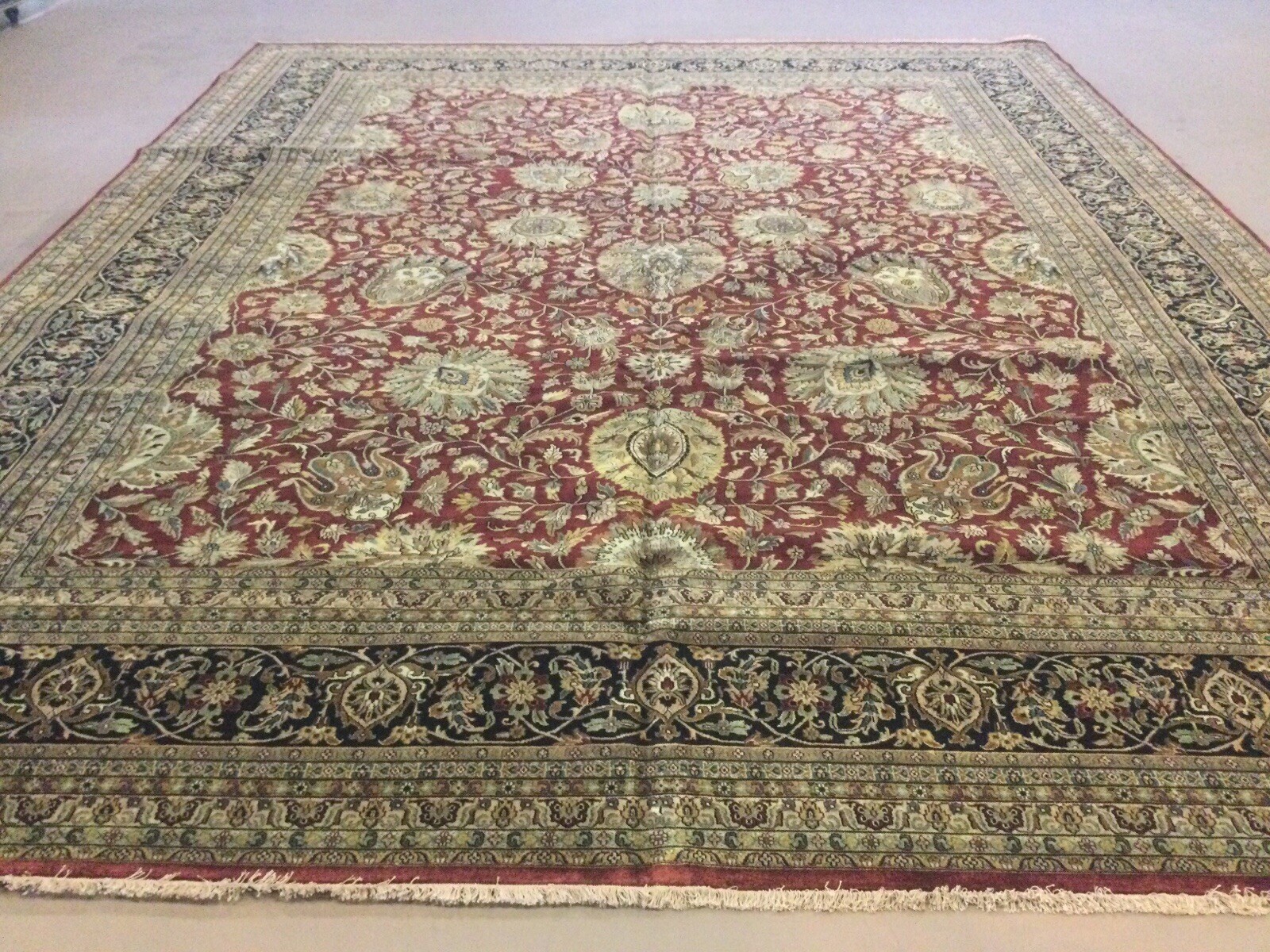11’.9” X 14’.9” Red Dark Navy Blue Traditional Oversized Oriental Rug Handmade