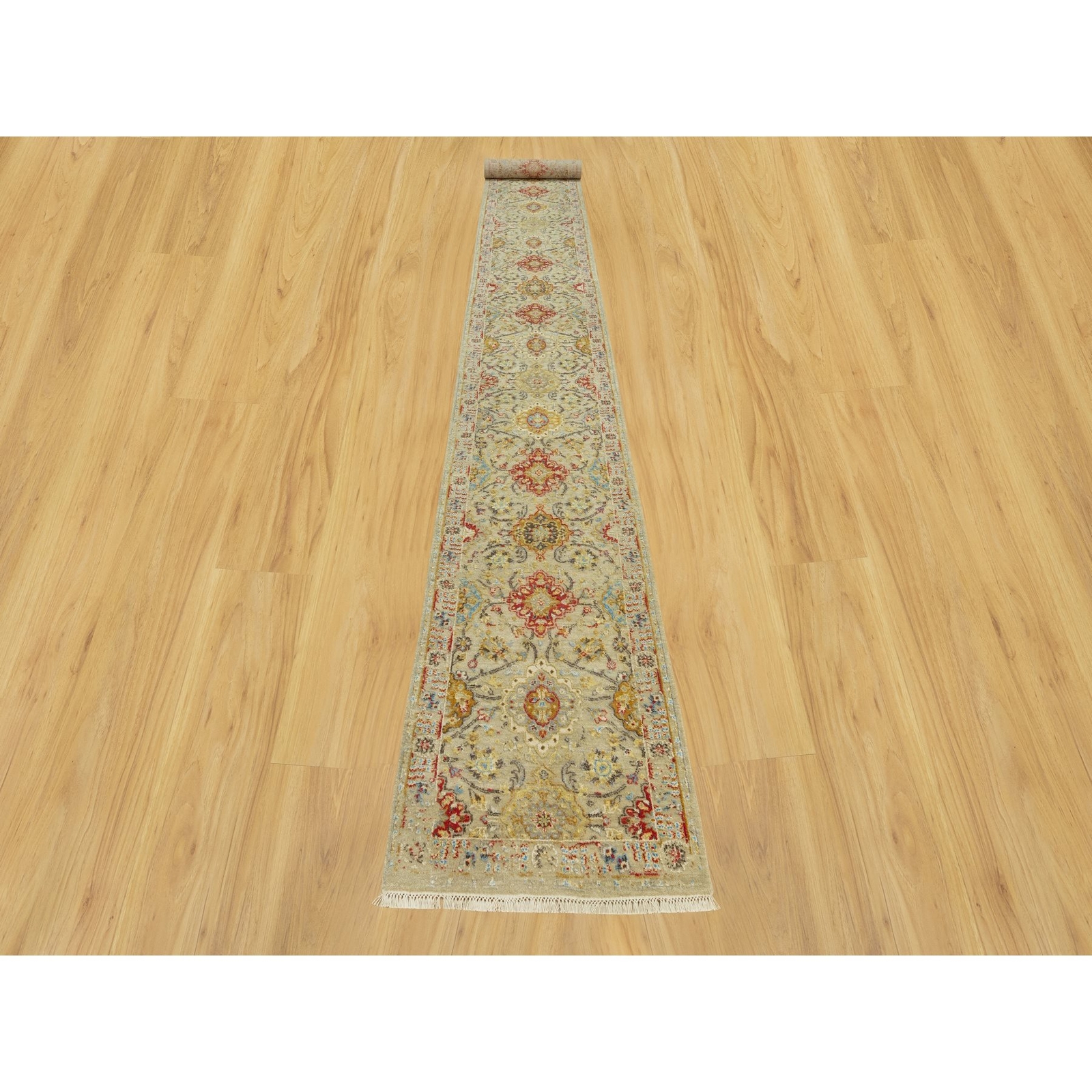 2’7″x19’10” Camel Wool and Silk Sunset Hand Knotted Runner Oriental Rug R90533