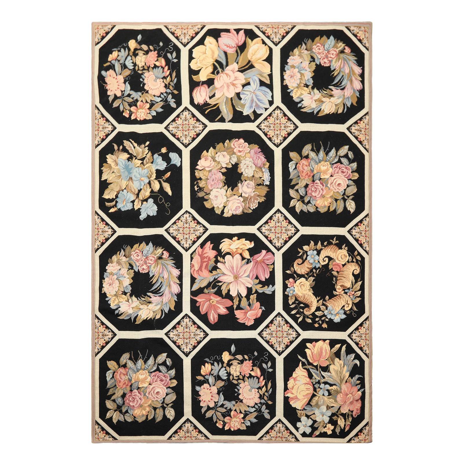 6×9 Hand Woven Wool Black French Aubusson Needlepoint Octagonal Area Rug