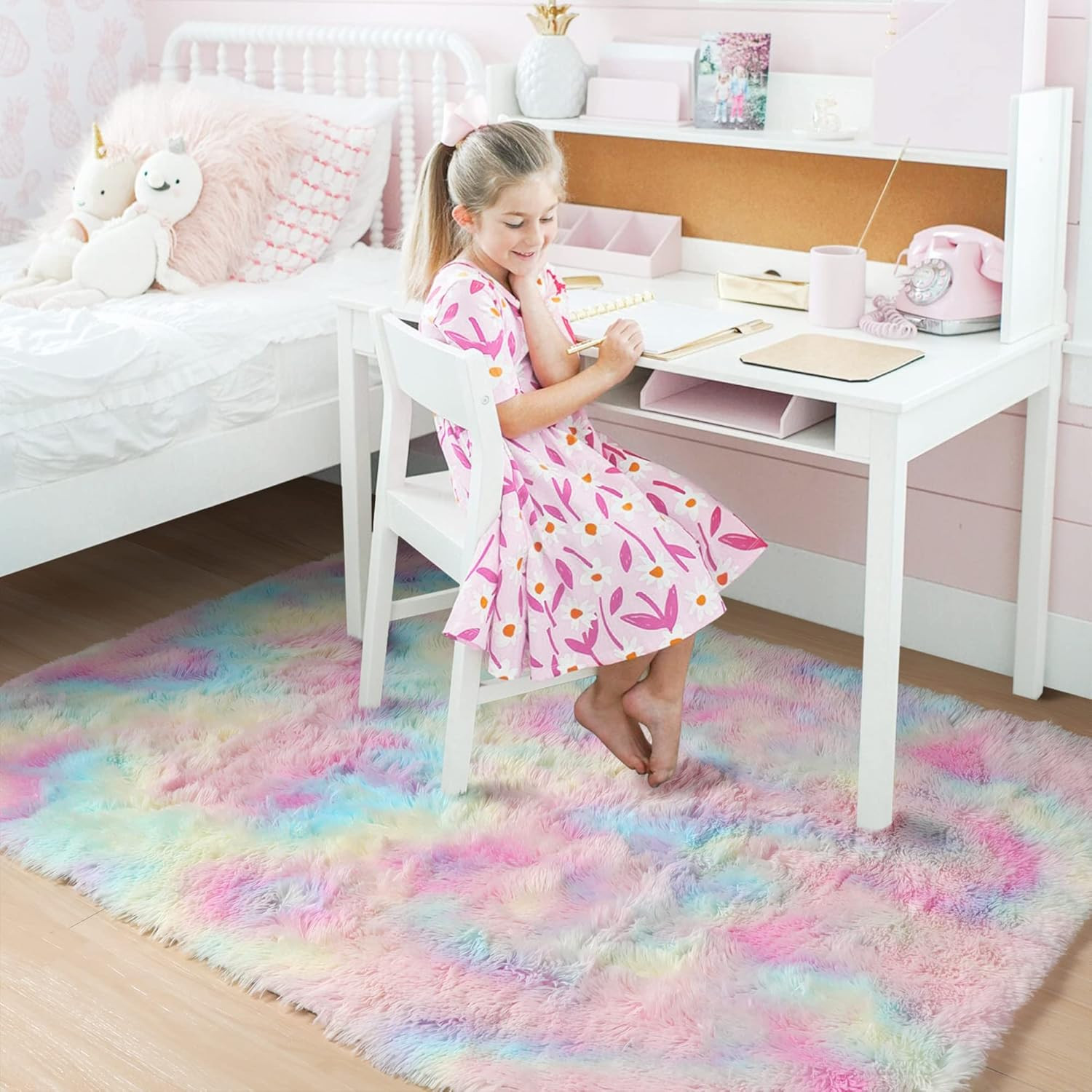 Rainbow Pastel Kids Rugs for Toddler Girls Bedroom, Cute Unicorn Room Decor, Flu
