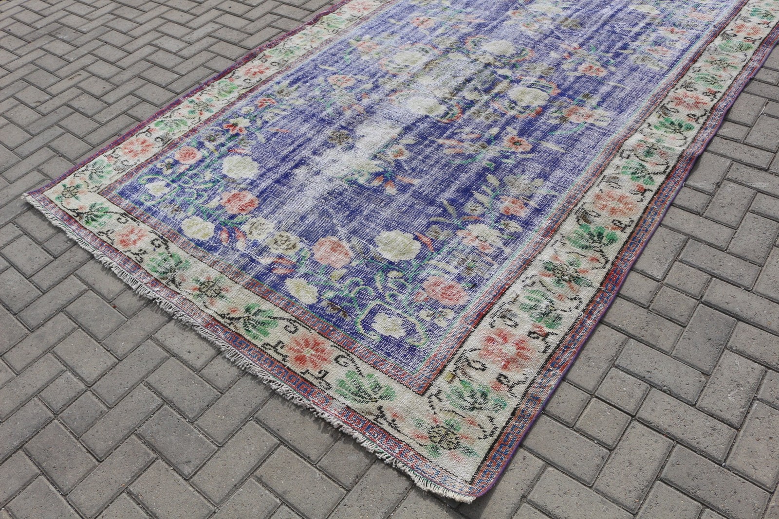 5,9×9 ft Vintage Turkish Rug, Large Rug, Blue White Oriental Wool Rug