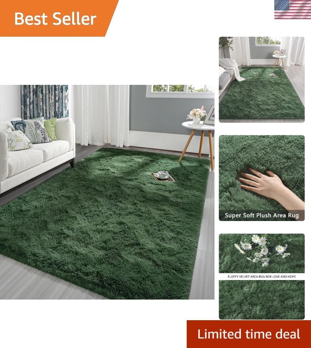 Luxury Soft Plush 5×8 Deep Green Area Rug – Washable and Non-Slip for Comfort