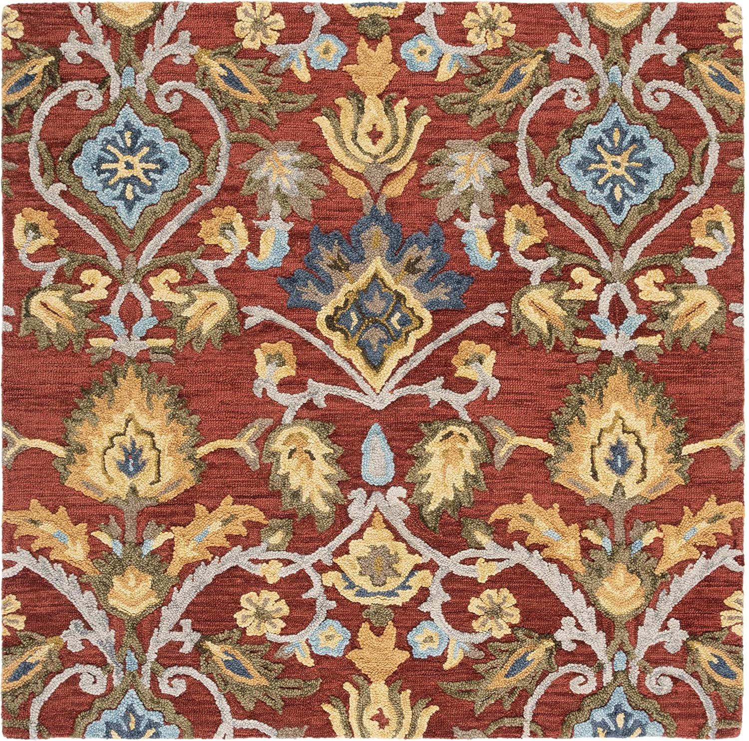 Handmade Blossom Collection 6′ Square Floral Wool Area Rug – Red & Multi