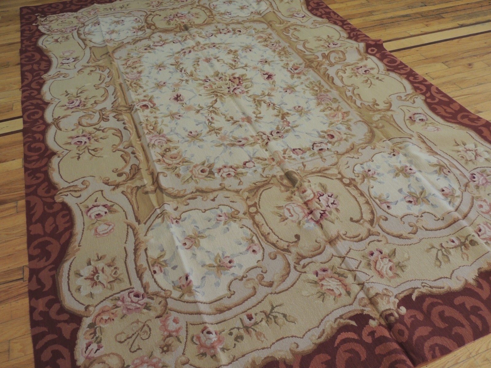 6×9 French Aubusson design Needlepoint Medallion Area Rug Floral Rust Pink Gray