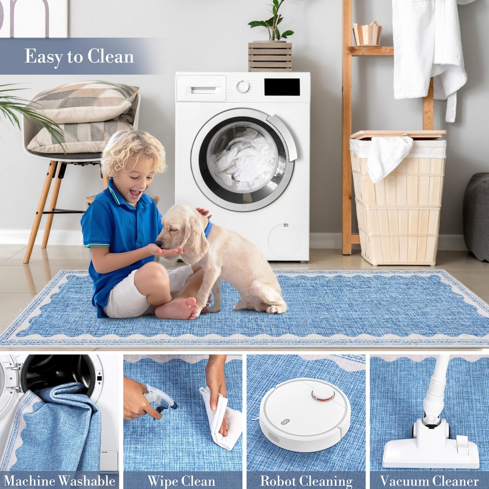 5×7 Scalloped Washable Area Rug – Soft Non-Slip Carpet for Living Room, Bedroom