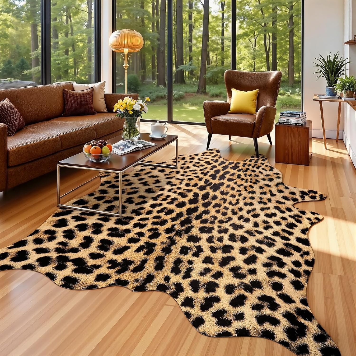 Non-Slip Leopard Print Area Rug 4’7″ x 5’2″ – Elegant Faux Fur for Home Decor