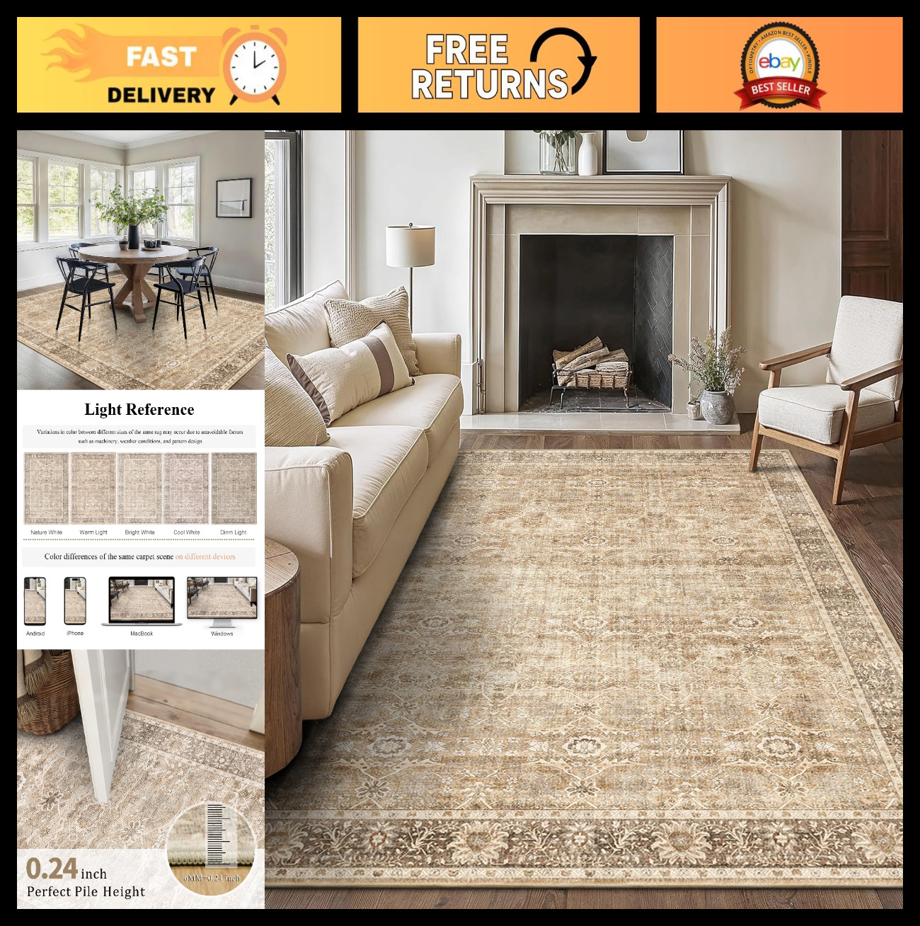 Large 5×7 Beige Washable Vintage Distressed Rug – Soft Low Pile Non-Slip Carpet