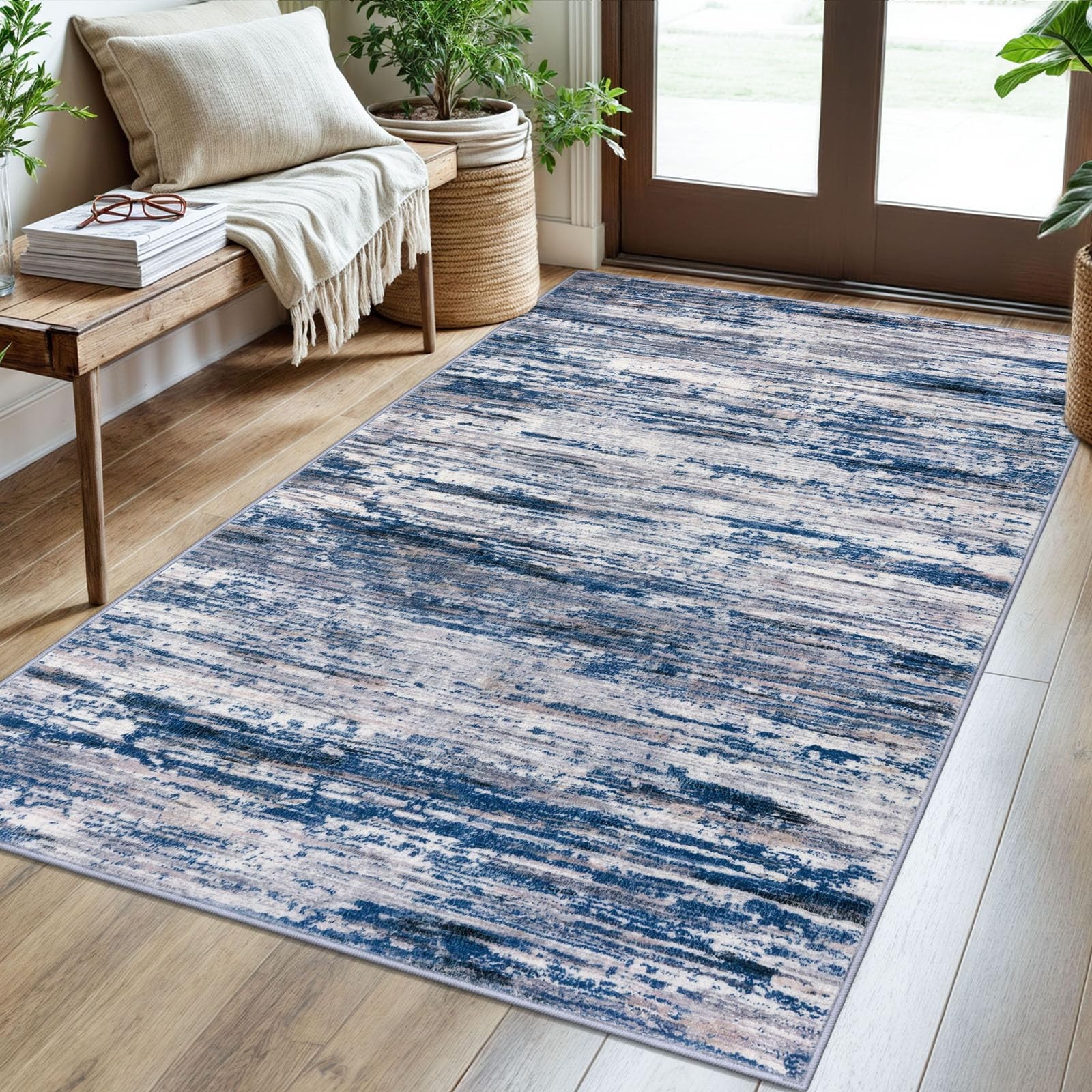 SIILOOM 3×5 Modern Abstract Area Rug for Entryway, Navy Blue Gray Neutral Mul…