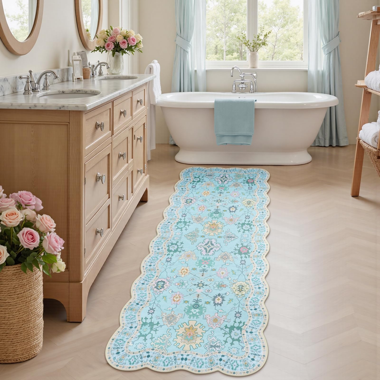 Oushak Scalloped 2×6 Runner Rug, Boho Floral Blue Runners for Hallways 6ft, N…