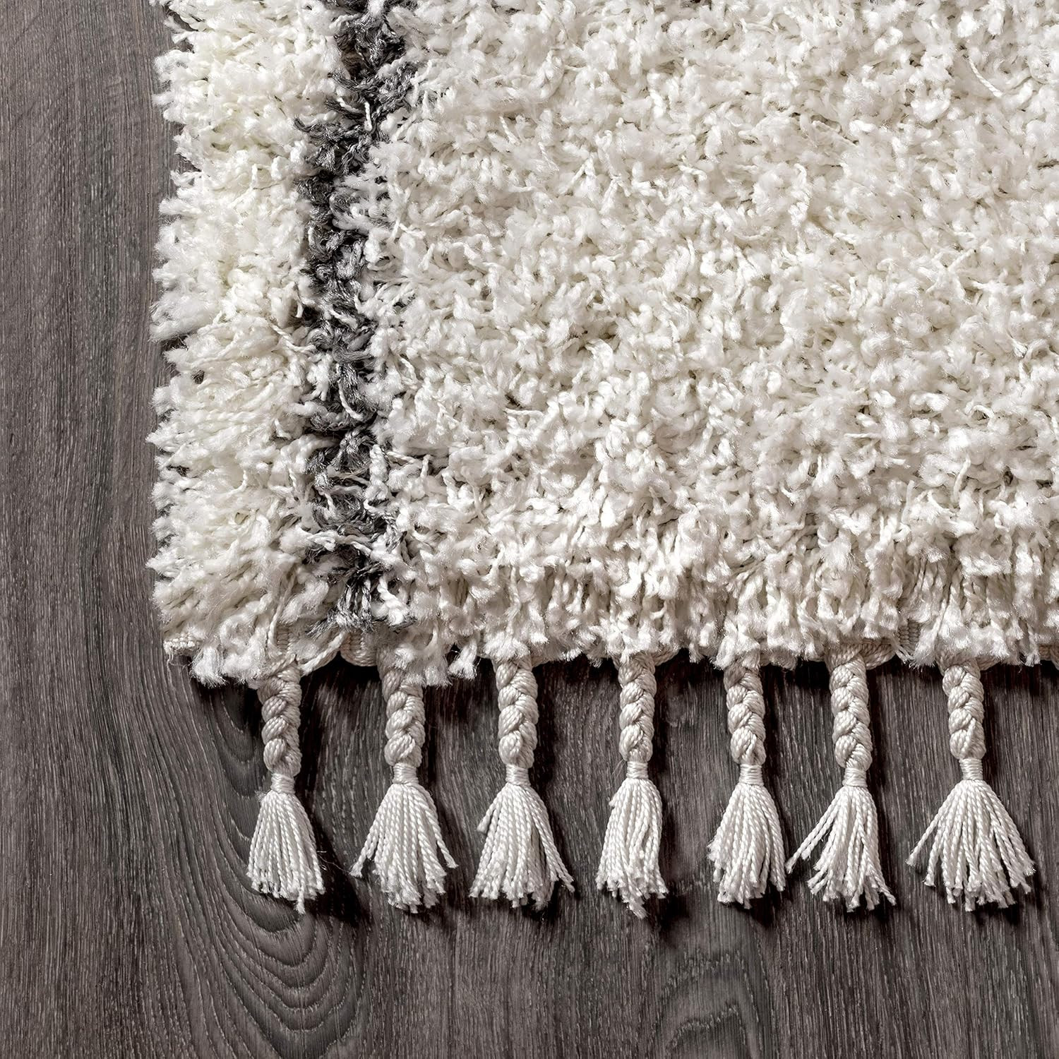 Mercer Shag Plush Tassel Ivory/Gray Indoor Area Rug, 3X5, Moroccan Geometric Tre