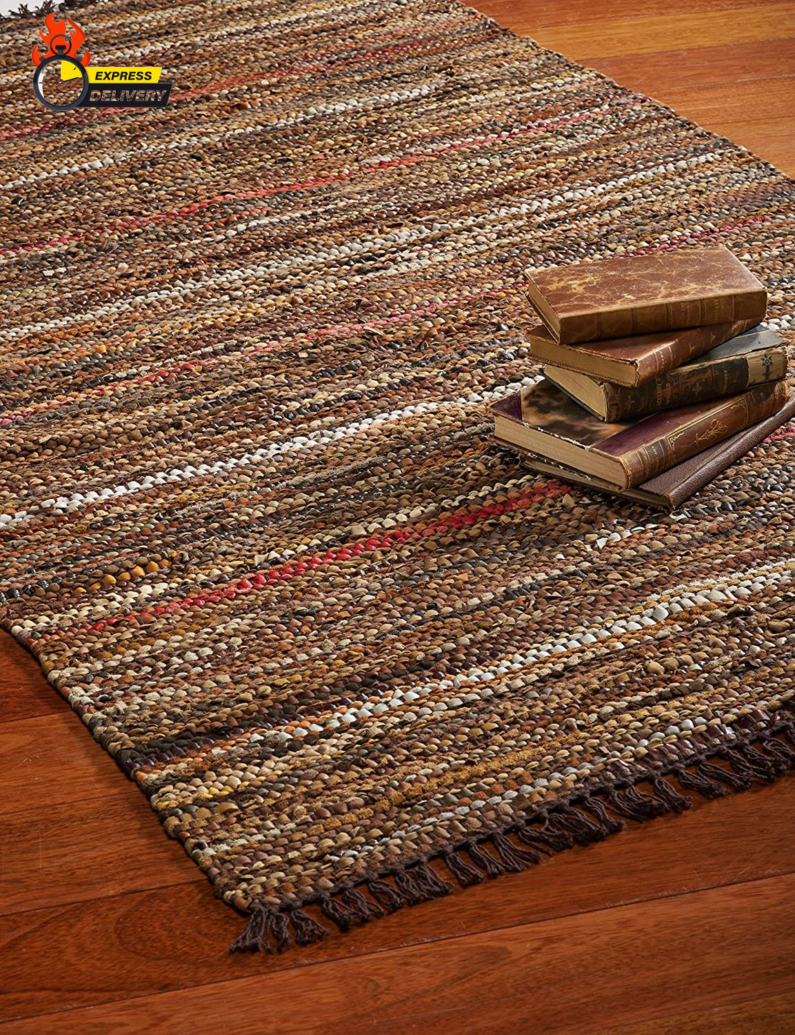 HF by LT Tucson Leather Rug, 24 X 36 Inches, Handwoven Recycled Leather, Brown