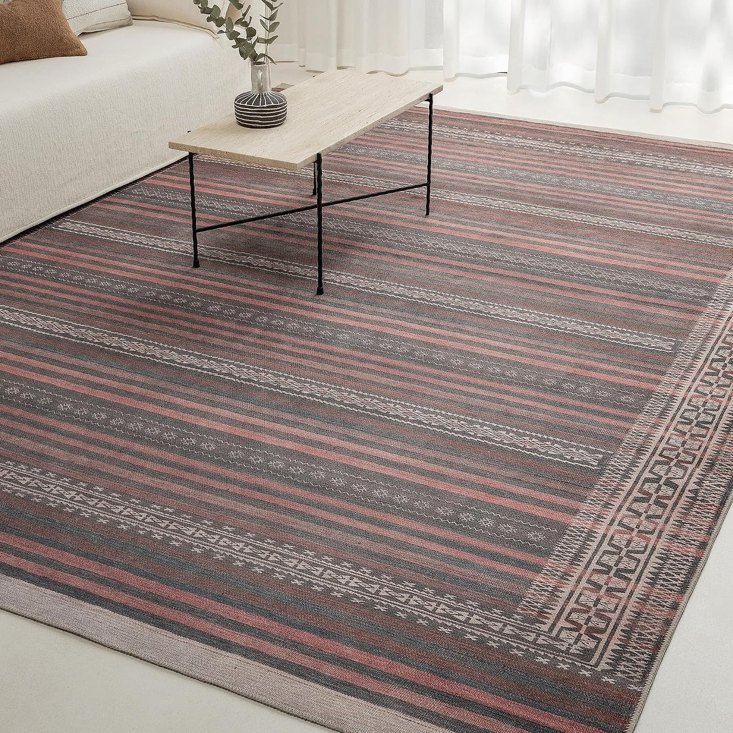 Vibe Stripe 8’3” X 11’6” Area Rug – Sand, Charcoal & Clay Heritage Flatweave, Lo