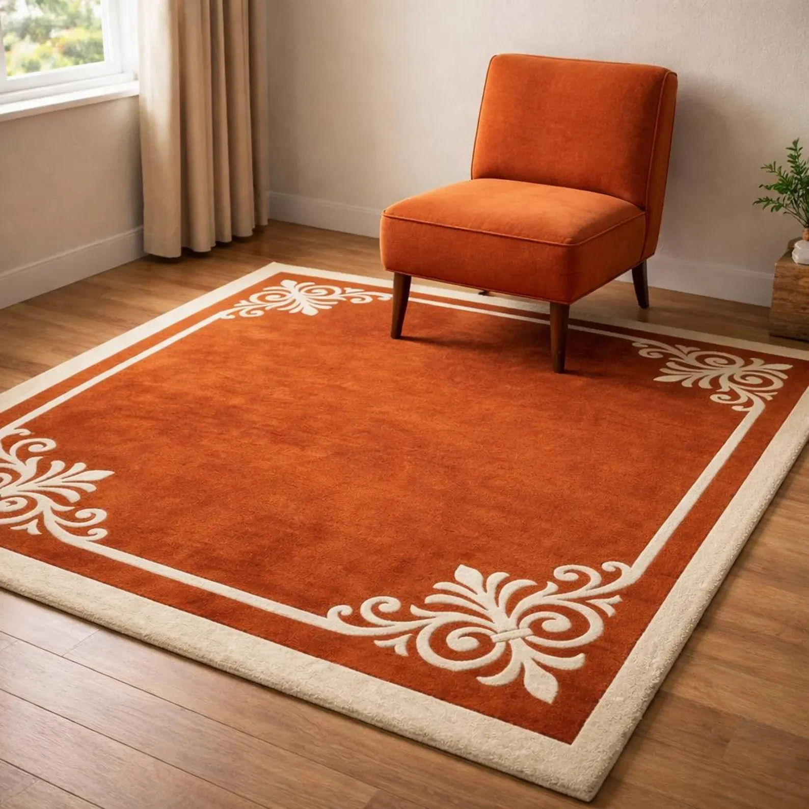 Hand-Tufted Wool Rug Luxury Burnt Orange Area Rug -whith Cream Floral Corner