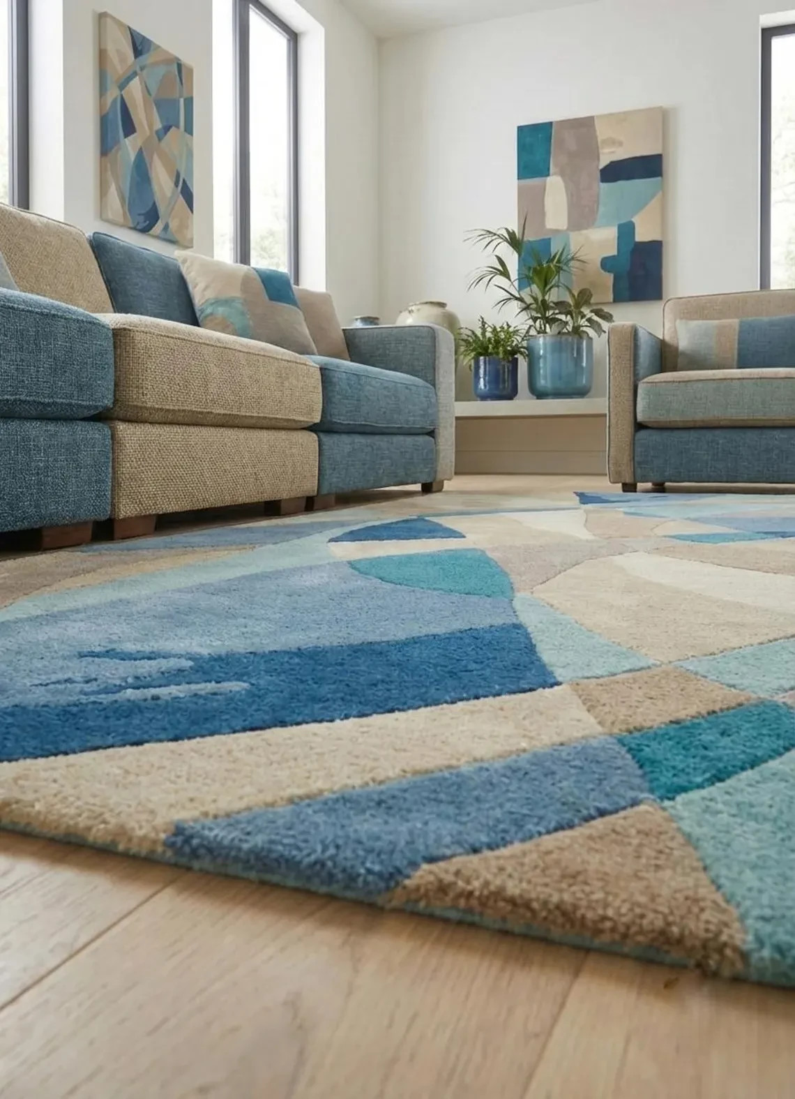 Modern Beige Blue Abstract Area Rug, Handmade Tufted Wool, Geometric Carpet