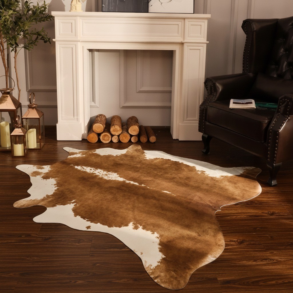 Faux Cowhide Area Rug, 4’7″ x 5’2″, Irregular, Caramel, Non Slip