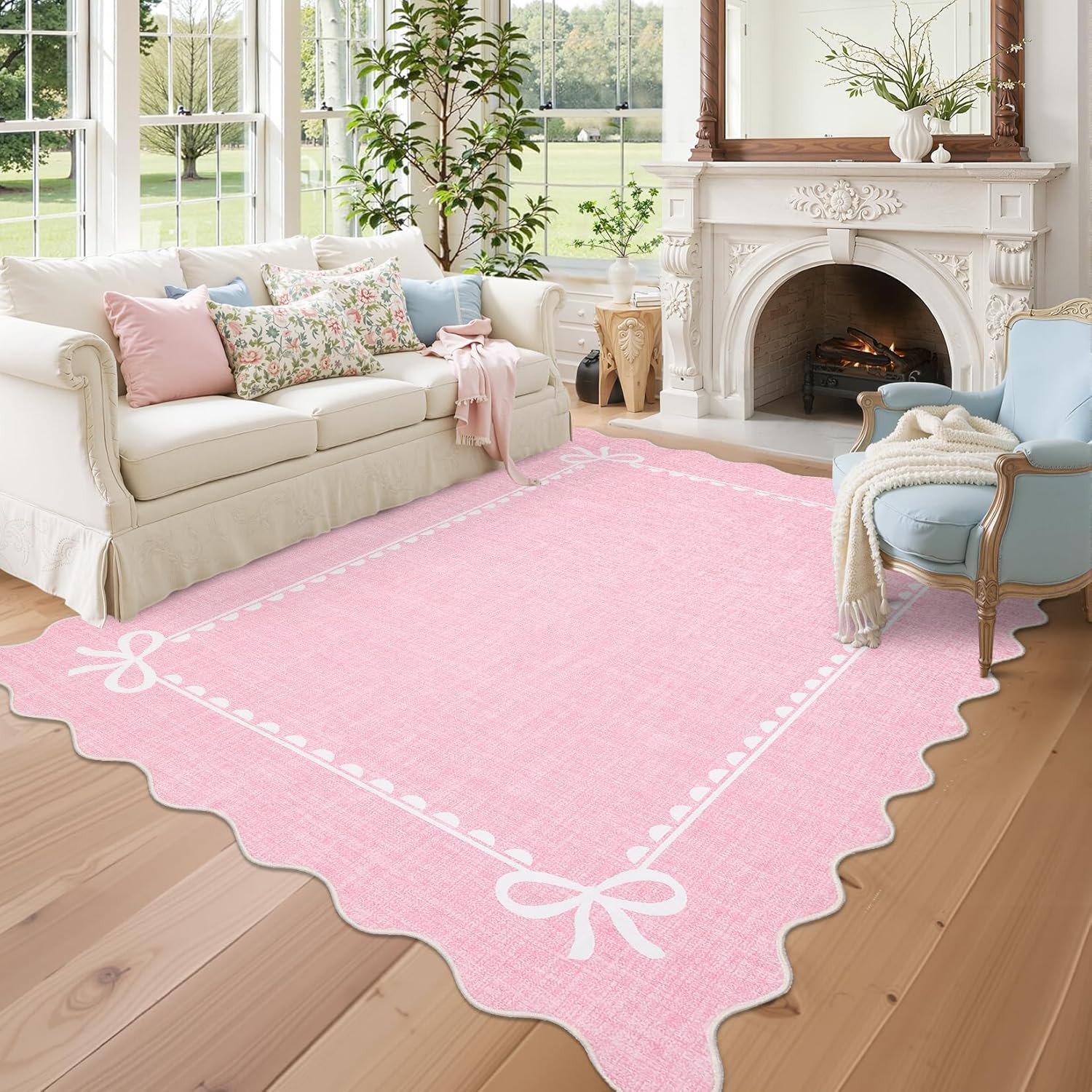 Scalloped Bow Rug for Living Room, Solid Pink Rug for Dorm, Washable Rugs 5X7 So