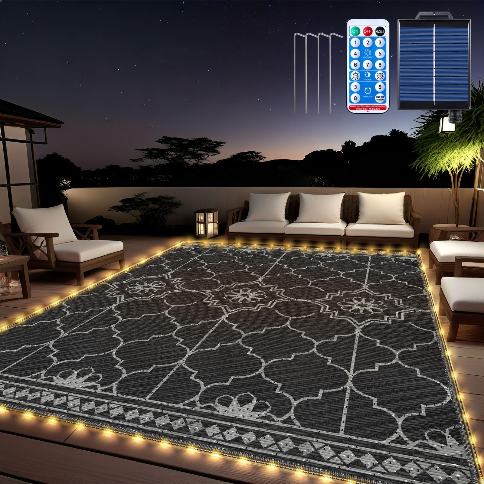8x10Ft Outdoor Rug, Solar Powered Outdoor Rug with 113LEDs Strip Lights for H…