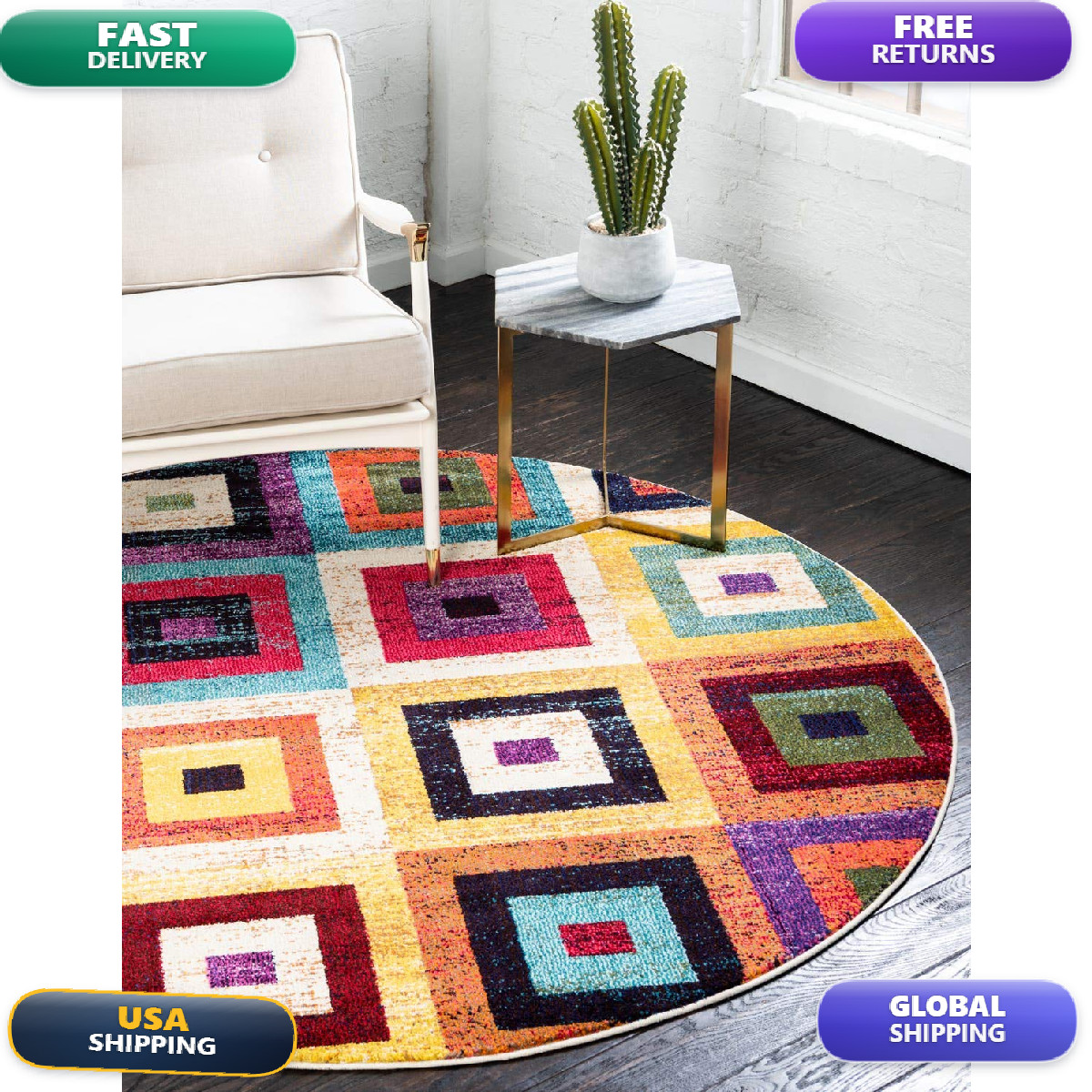 Unique Loom Estrella Collection Colorful Geometric Squares Modern Abstract Area