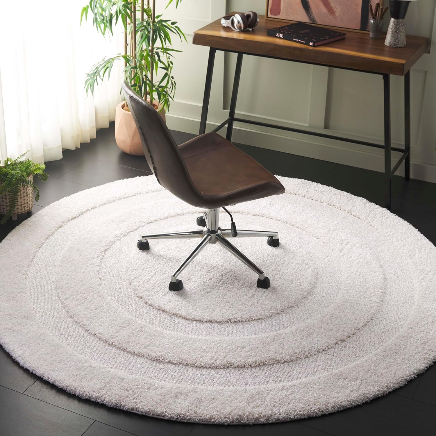 Florida Shag Collection Area Rug – 8′ Round, Creme/Creme, Geometric Design, Plus
