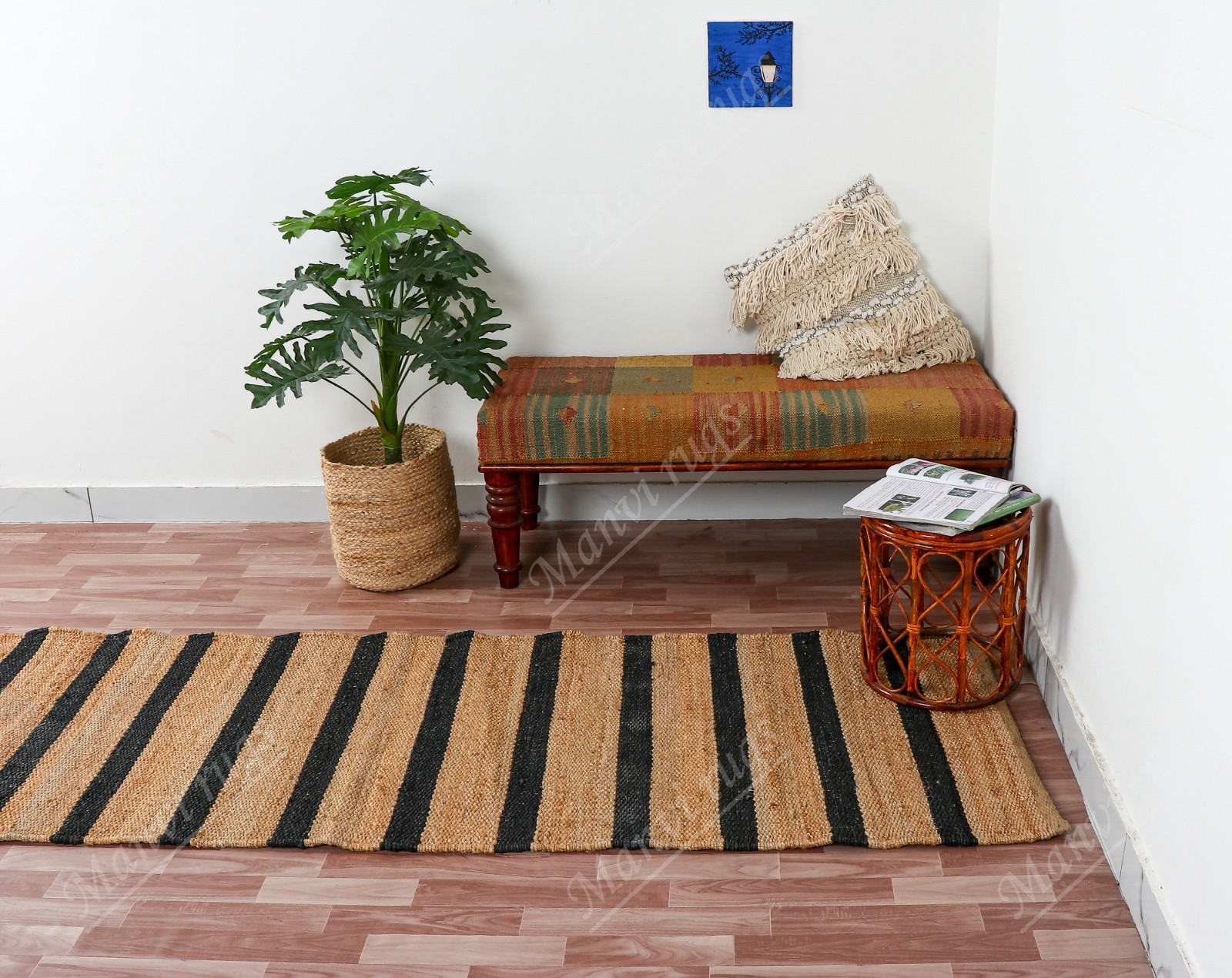 Hand Loomed Jute Hemp Runner Rug, Vintage Style, Custom Size