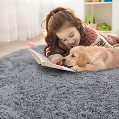 Light Grey Round Rugs for Bedroom – Machine Washable, 2′ Circle Area Rugs for