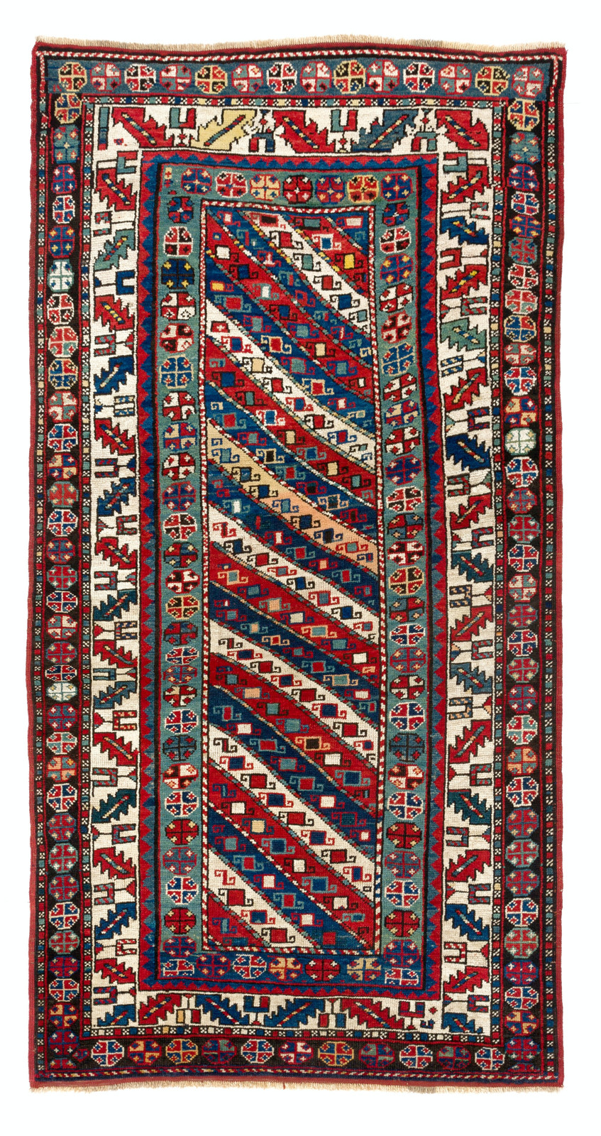 3.7×7.2 Ft Antique Caucasian Gendje, Collectible Tribal Kazak Rug, Natural Dyes