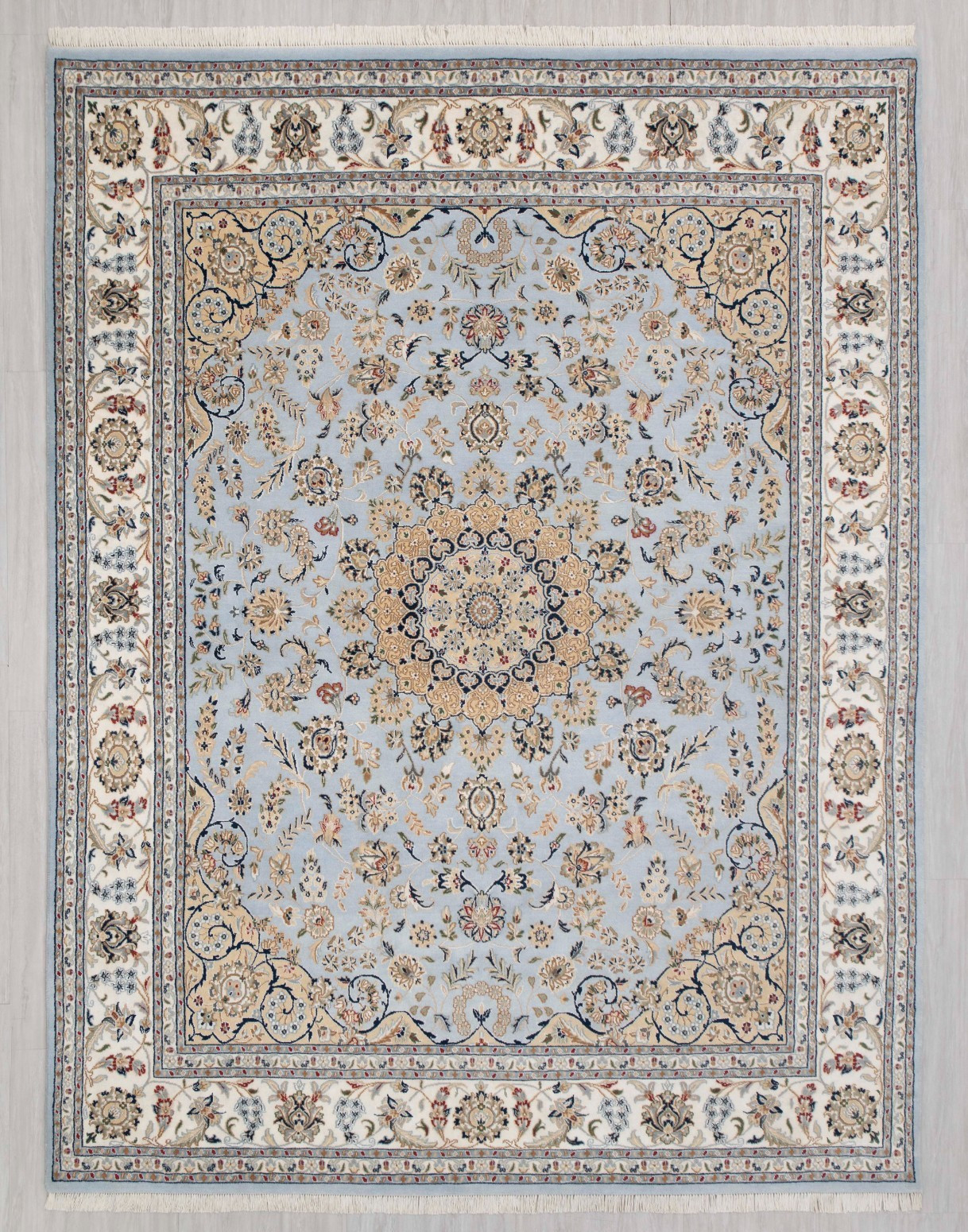 Persiann Medallion Nain Blue Ivory Wool Silk Super Fine Weave Hand Knotted Rug