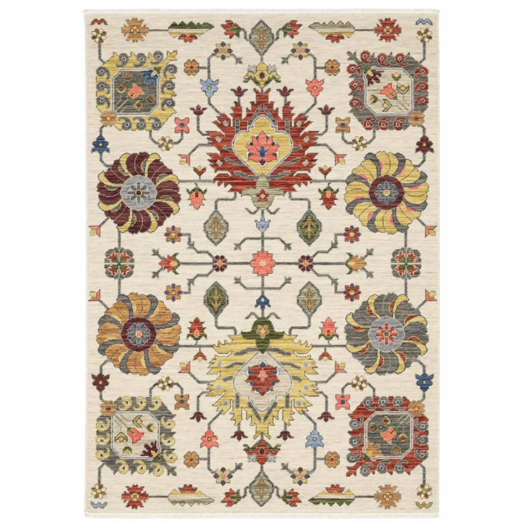 10′ X 13′ Ivory Yellow Rust Green Grey Pink Orange Blue And Grey Oriental Power