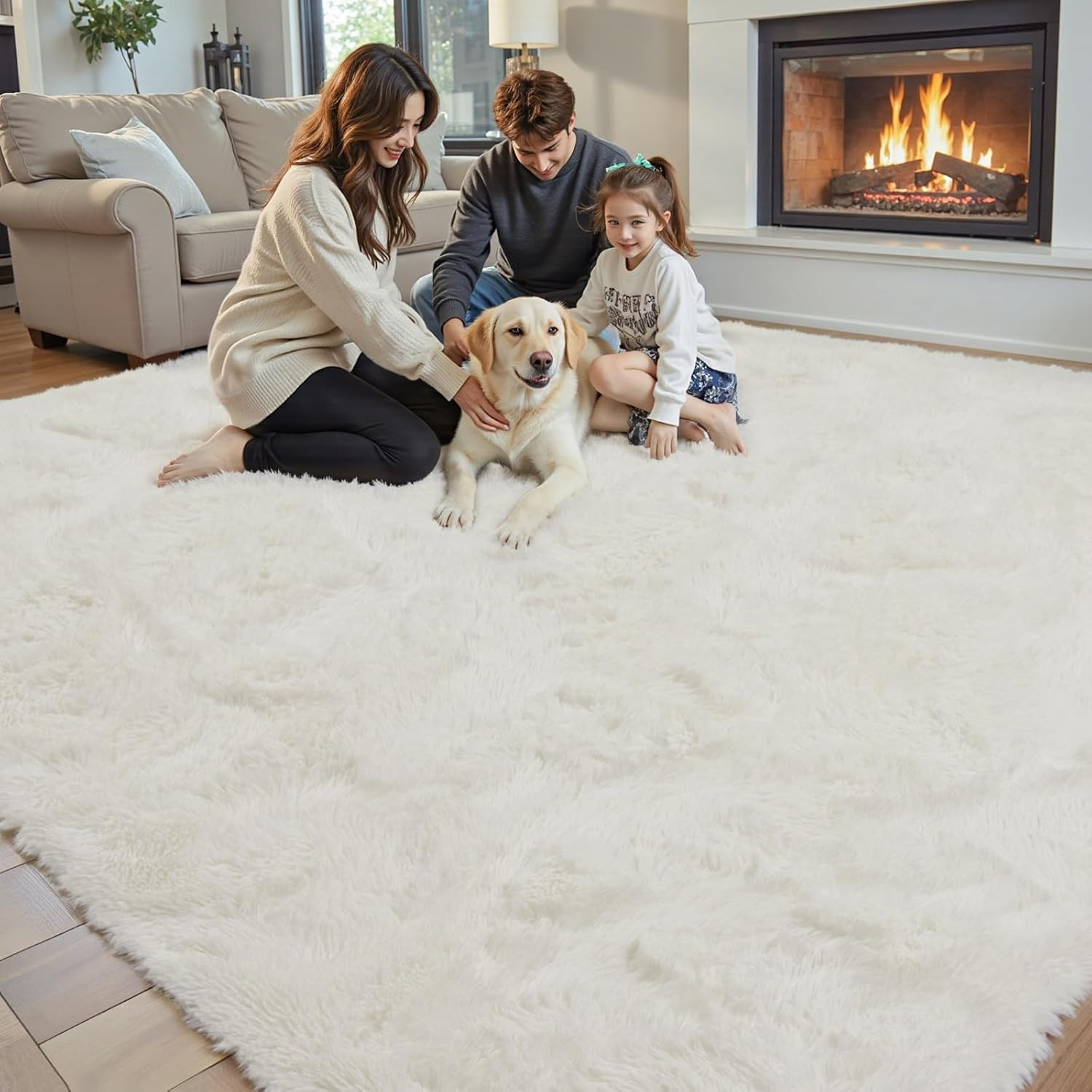 Soft Plush 8×10 Area Rug for Living Room & Bedroom – Cream Shaggy Carpet