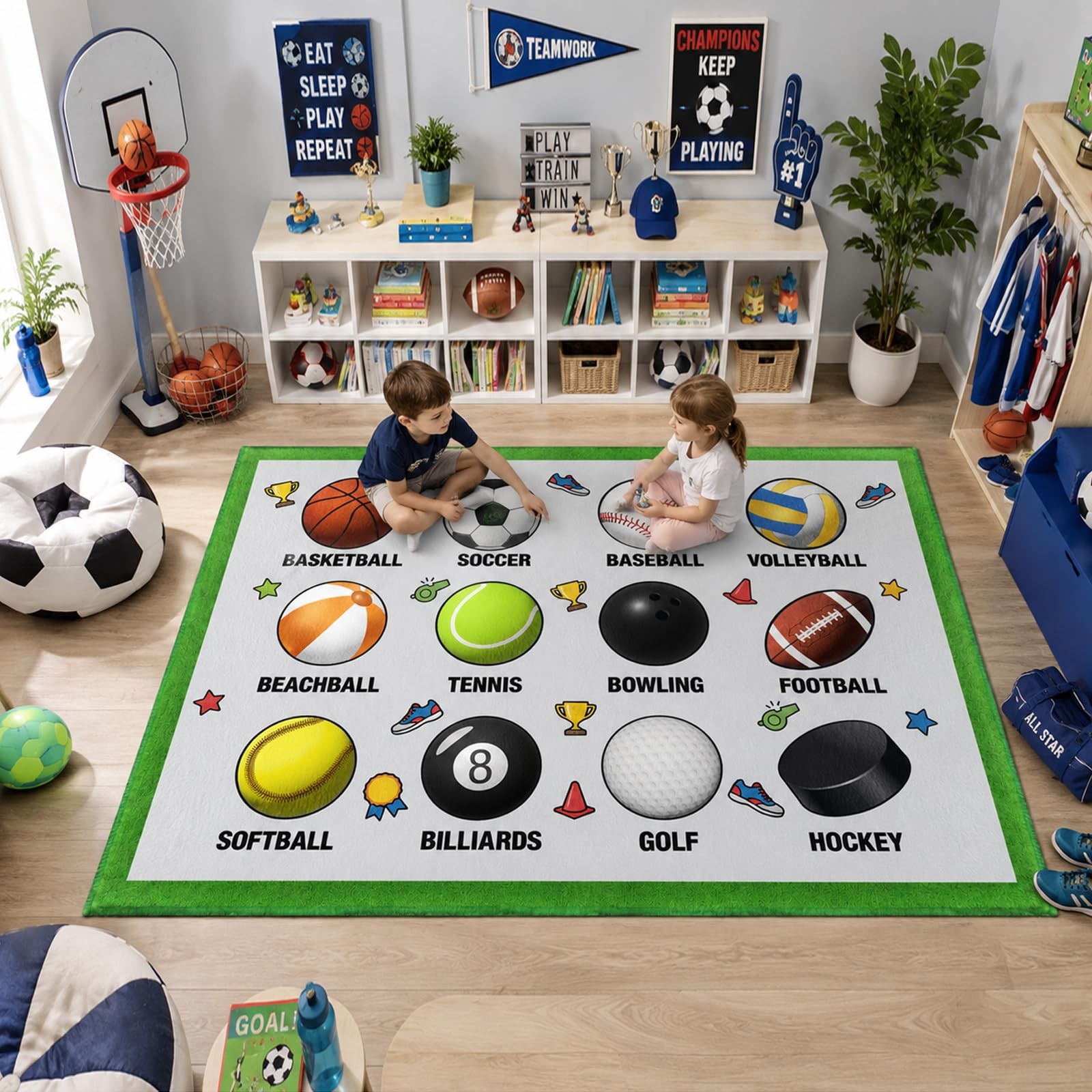 Sports Rug for Boys Bedroom, 12 Types of Sports Balls Educational Rug – Socce…