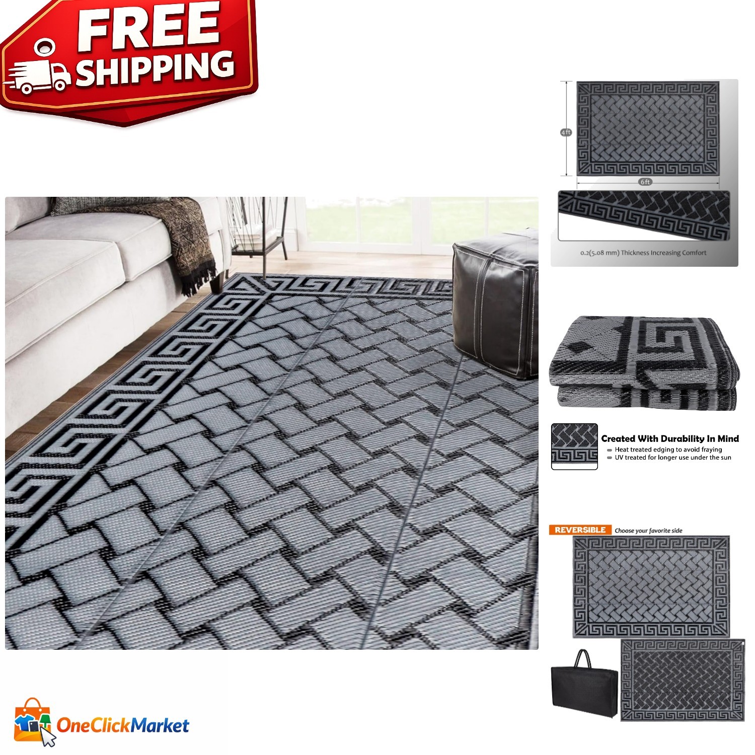 Elegant 4′ x 6′ Reversible Outdoor Rug – black & grey, Versatile and Durable
