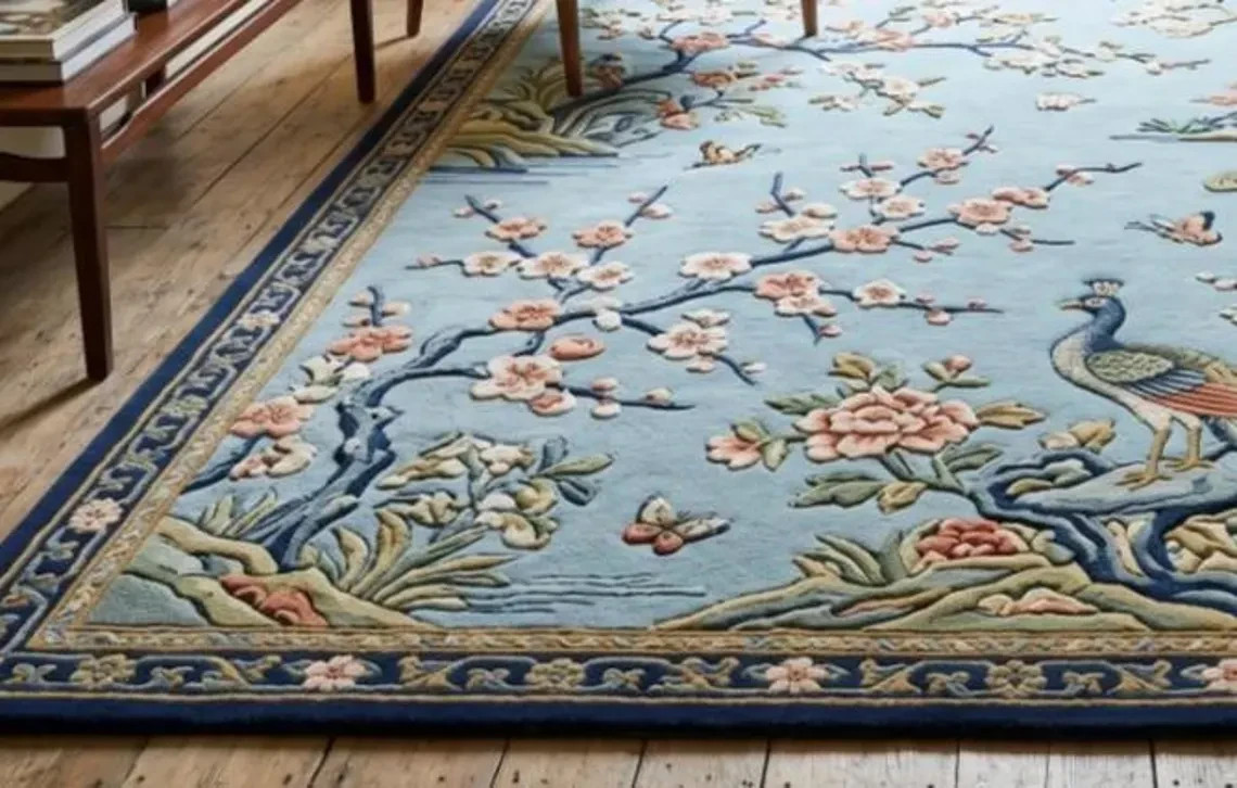Luxury Light Blue Chinoiserie Hand-Tufted Wool Rug with Peacock Blossom Rug