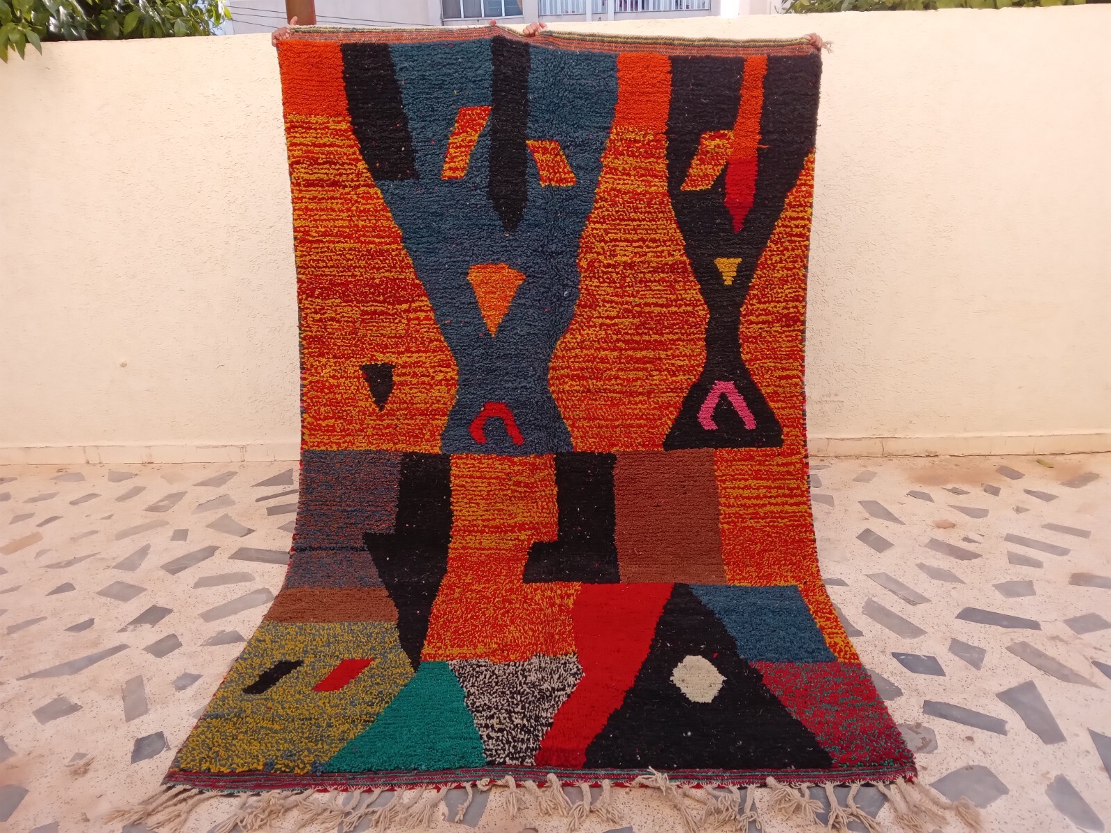 Moroccan Rug Boujaad Handmade Berber 6’4×9’7 Traditional Orange Black Wool Rug