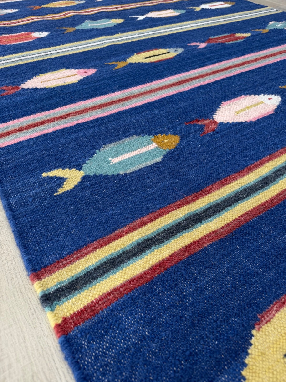 Hand Woven Wool Area Rug 5 x 8 Blue Tribal Folk Art Scandinavian Kilim for Kids
