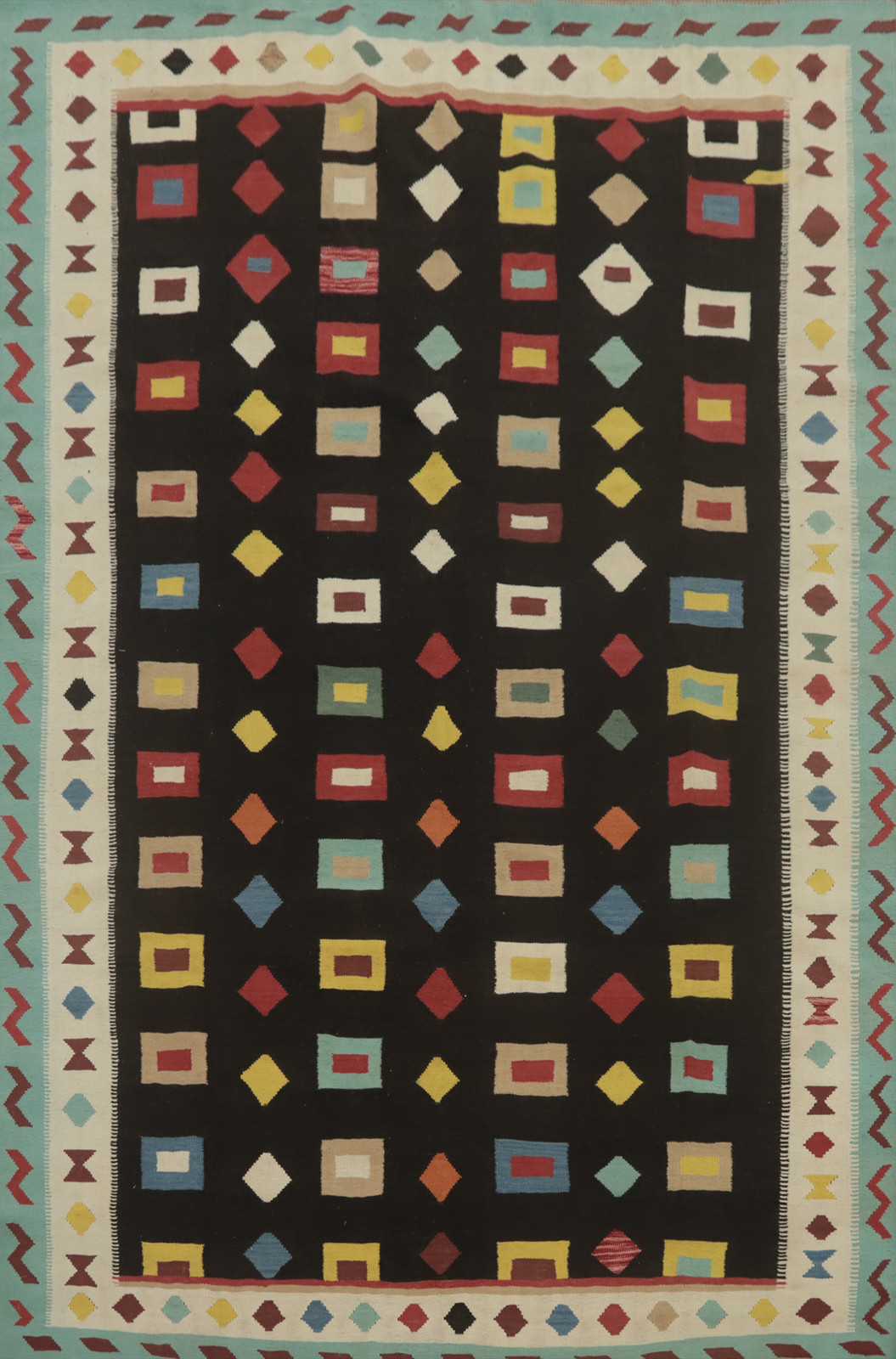 Reversible Hand-Woven Kilim Rug 8×11 Ft Geometric Black Living Room Wool Carpet